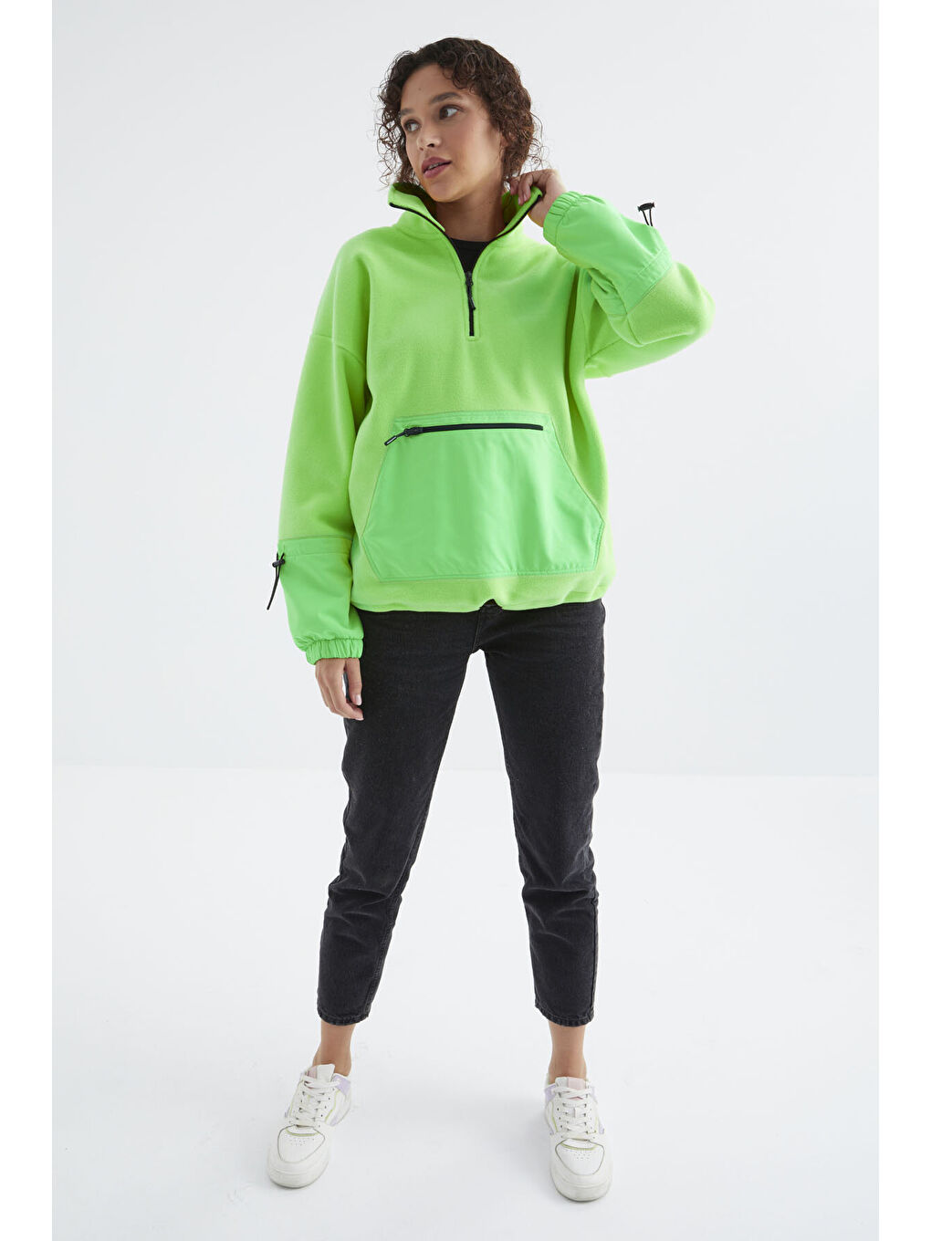 Neon Yeşil Etek Ucu Büzgülü Yarım Fermuarlı Oversize Kadın Polar Sweatshirt - 97238-4