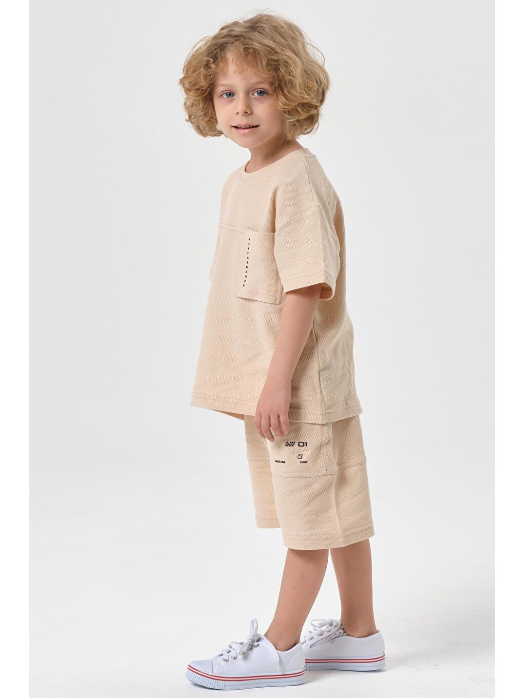 Bej Erkek Çocuk Şort Bisiklet Yaka Üst Takım-3