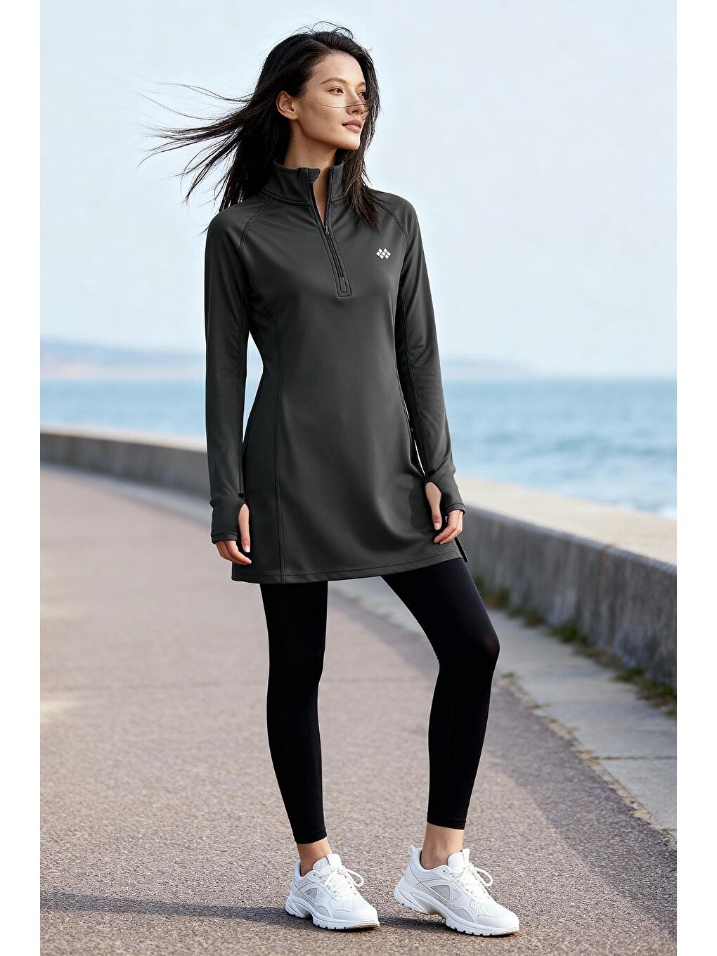 Antrasit Yarım Fermuarlı Dik Yaka Standart Kalıp Kadın Sporcu Tunik - 97309-1