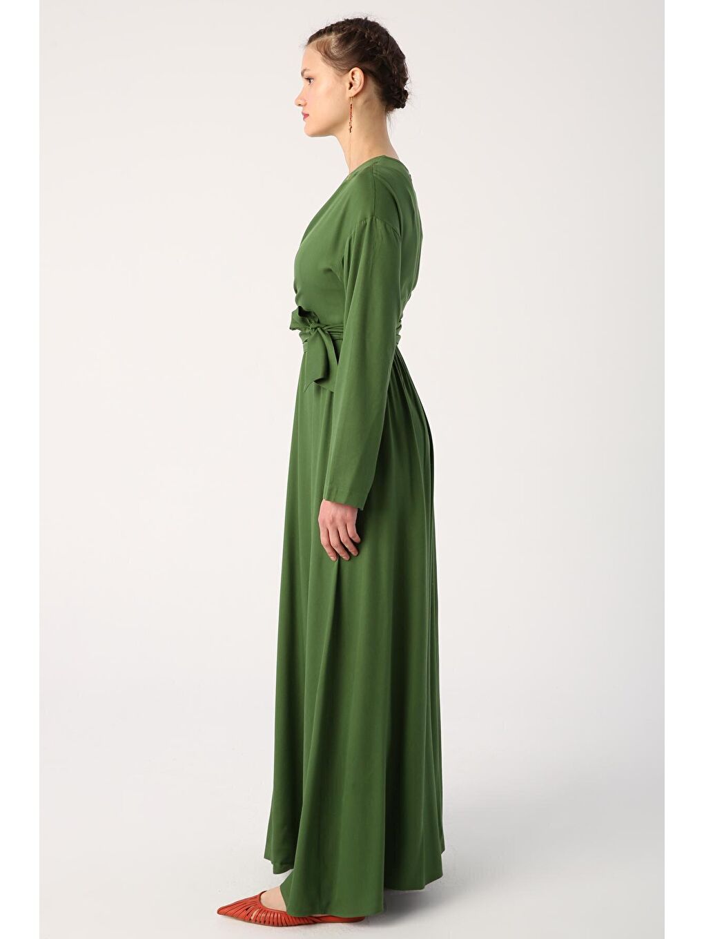 Haki Bisiklet Yaka Beli Bağlama Detaylı Viskon Elbise-2