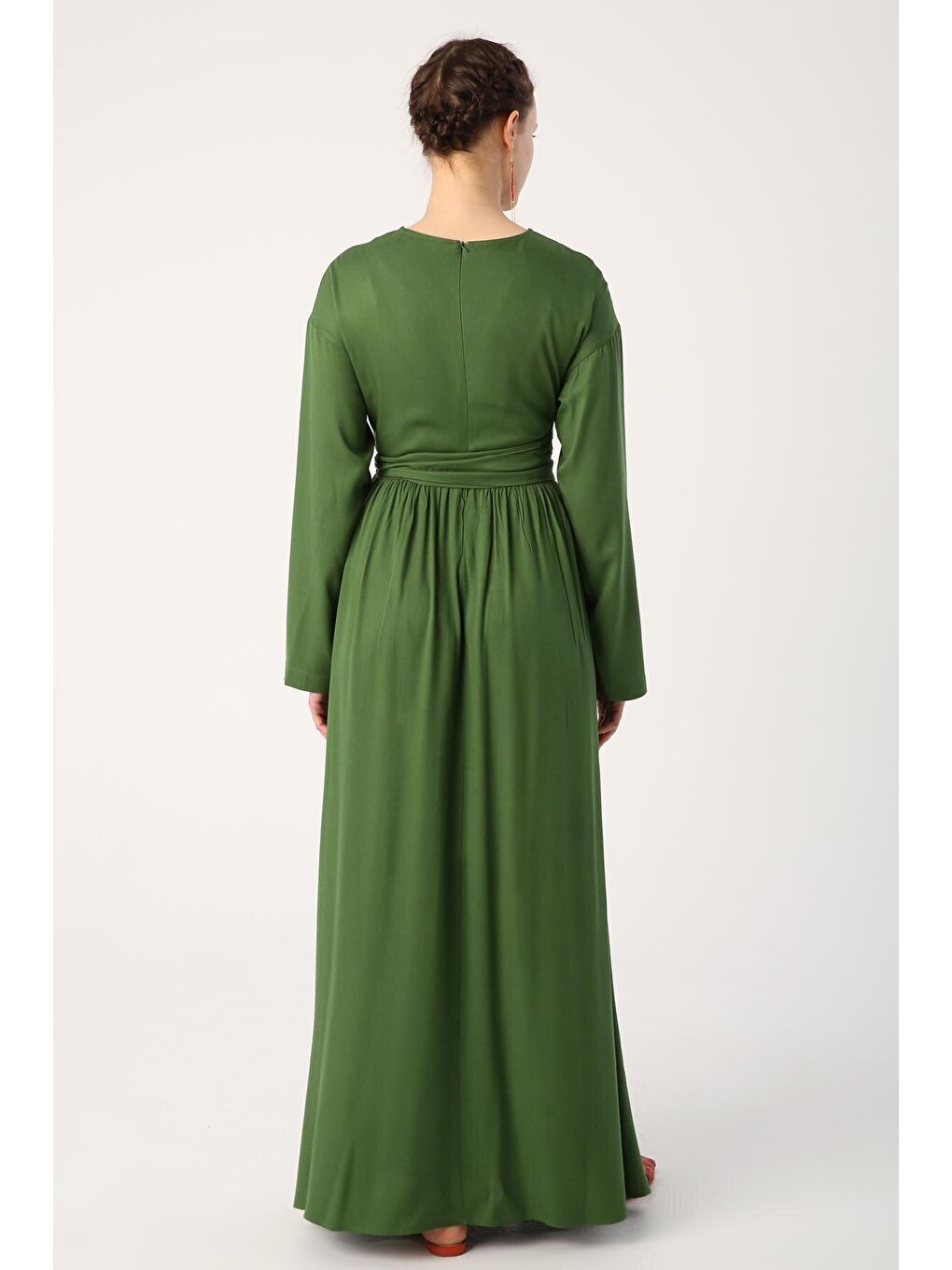 Haki Bisiklet Yaka Beli Bağlama Detaylı Viskon Elbise-3