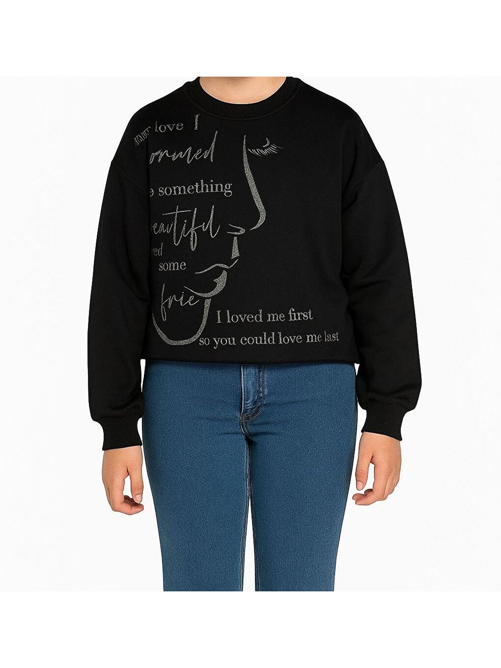 Siyah Kız Çocuk Yüz Baskılı Sweatshirt-2