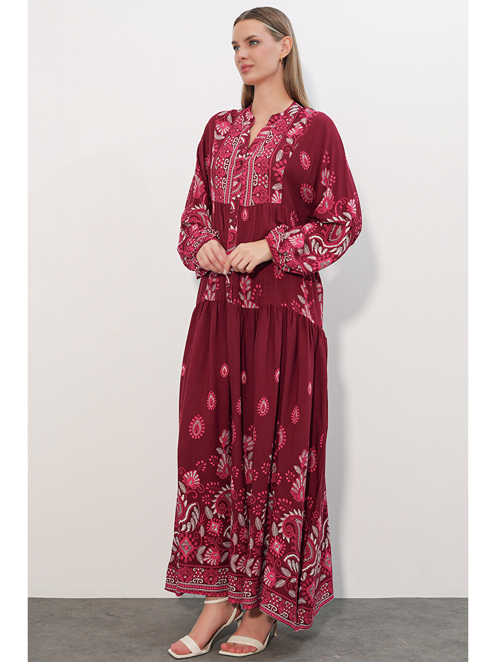Kadın Desenli Uzun Tesettür Elbise 2585 - C. Bordo-3