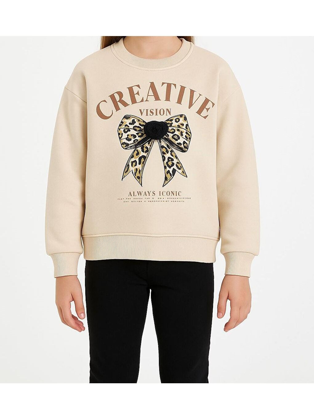 Bej Kız Çocuk Şardonlu Leopar Çiçek Aksesuarlı Sweatshirt