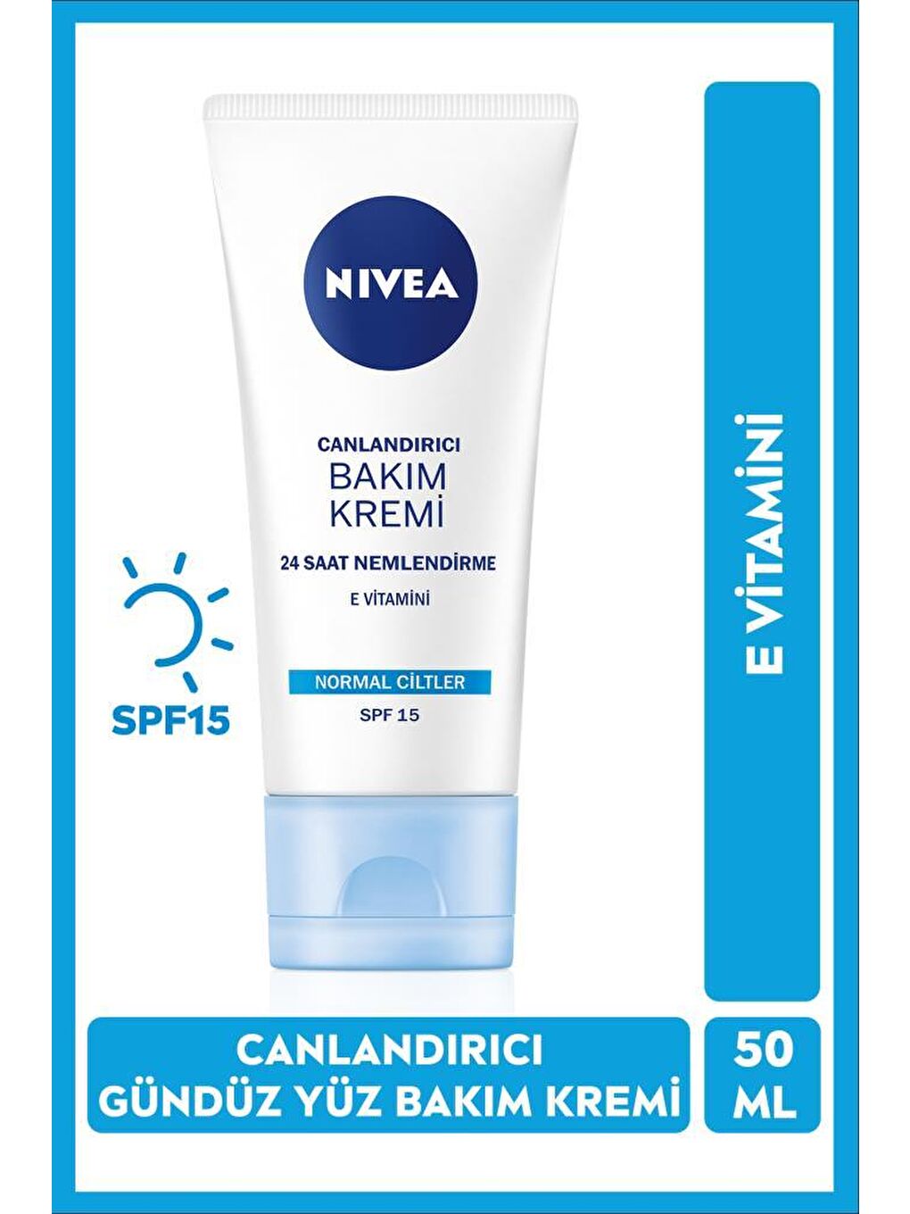 Canlandırıcı Gündüz Yüz Bakım Kremi 50ml, 24 Saat Nemlendirme, SPF15 Güneş Koruması, E Vitamini