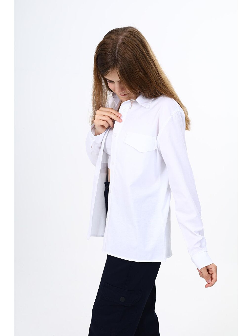 Beyaz Kız Çocuk Okul Tarz Elastanlı Gömlek 9-14 Yaş Lx259-3