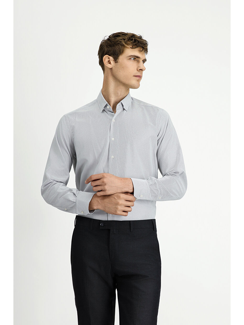 Gri Uzun Kol Regular Fit Desenli Pamuk Oxford %100 Pamuk Gömlek-3