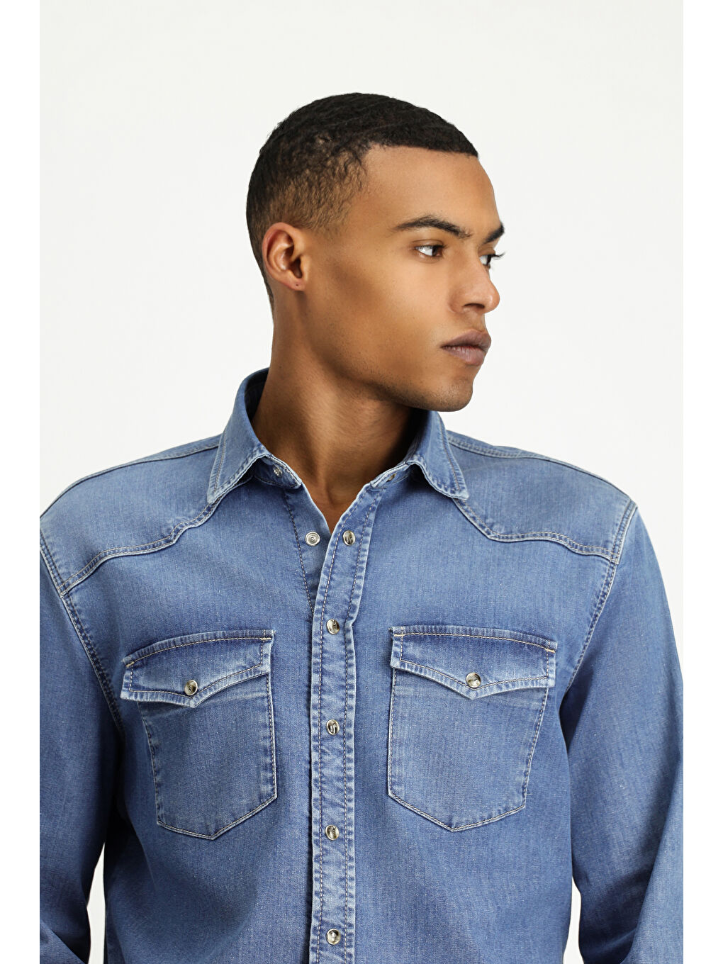 Lacivert Uzun Kol Regular Fit Pamuklu Denim Gömlek-3