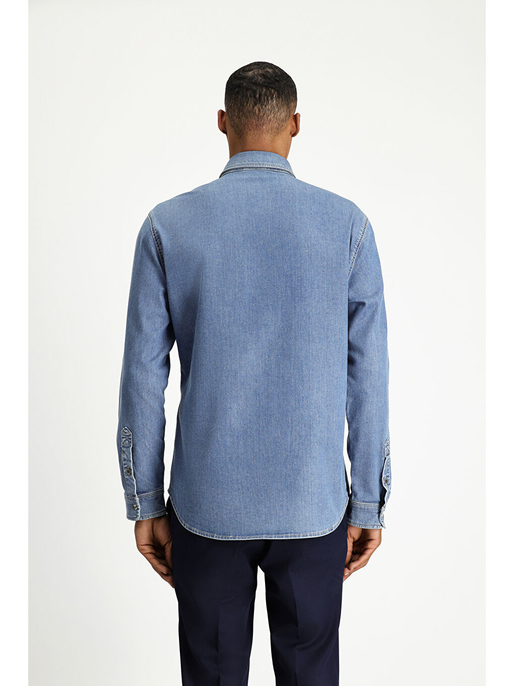 Lacivert Uzun Kol Regular Fit Pamuklu Denim Gömlek-4