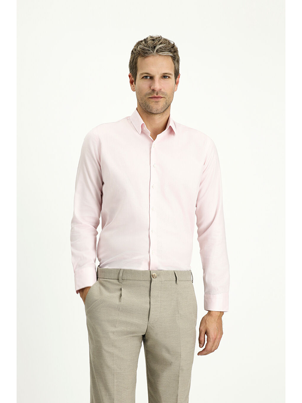 Pembe Uzun Kol Slim Fit Dar Kesim Desenli Pamuk Klasik Gömlek-2