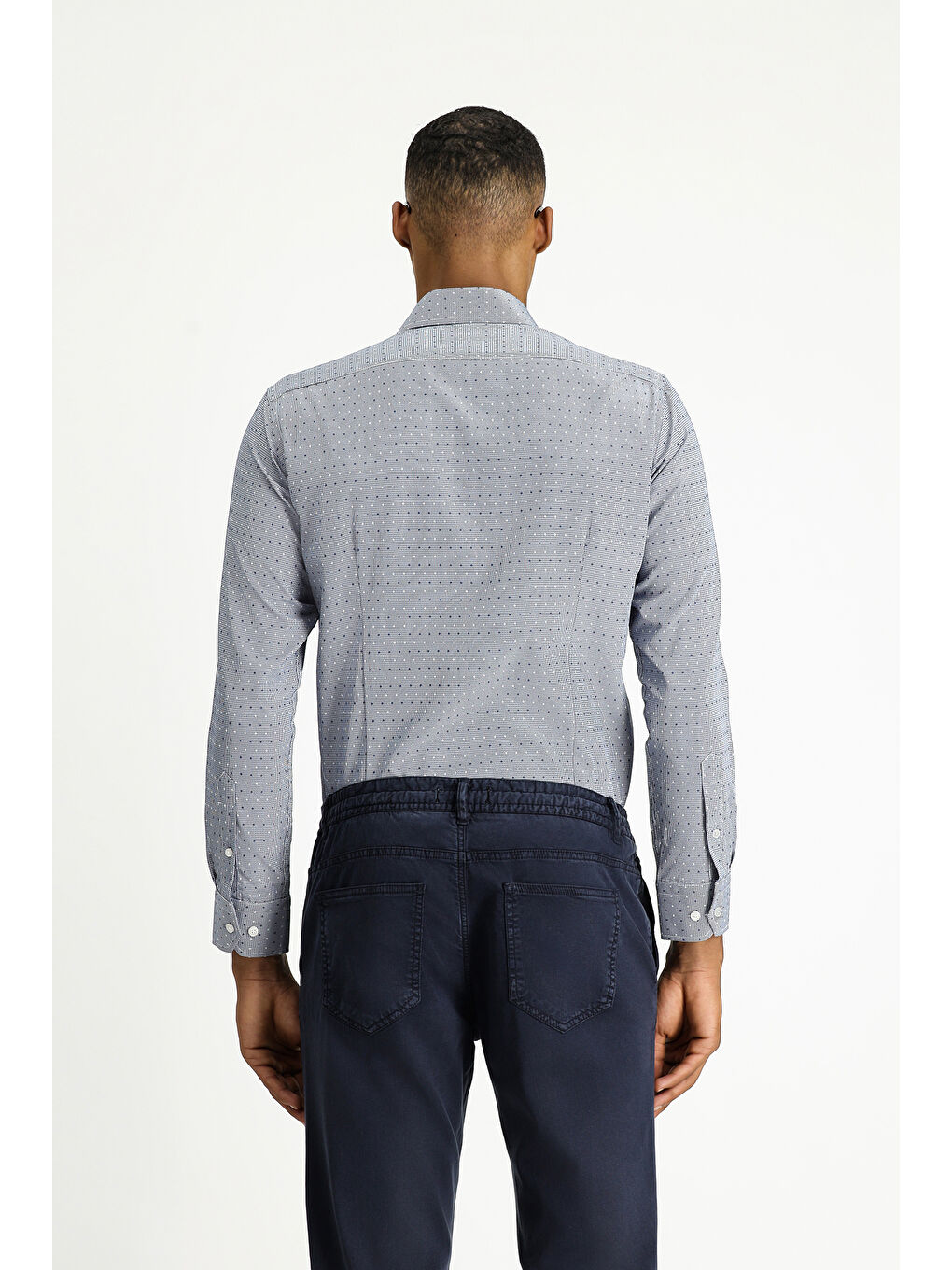 Lacivert Uzun Kol Slim Fit Dar Kesim Desenli Klasik Pamuklu Kolay Ütülenebilir Gömlek-3