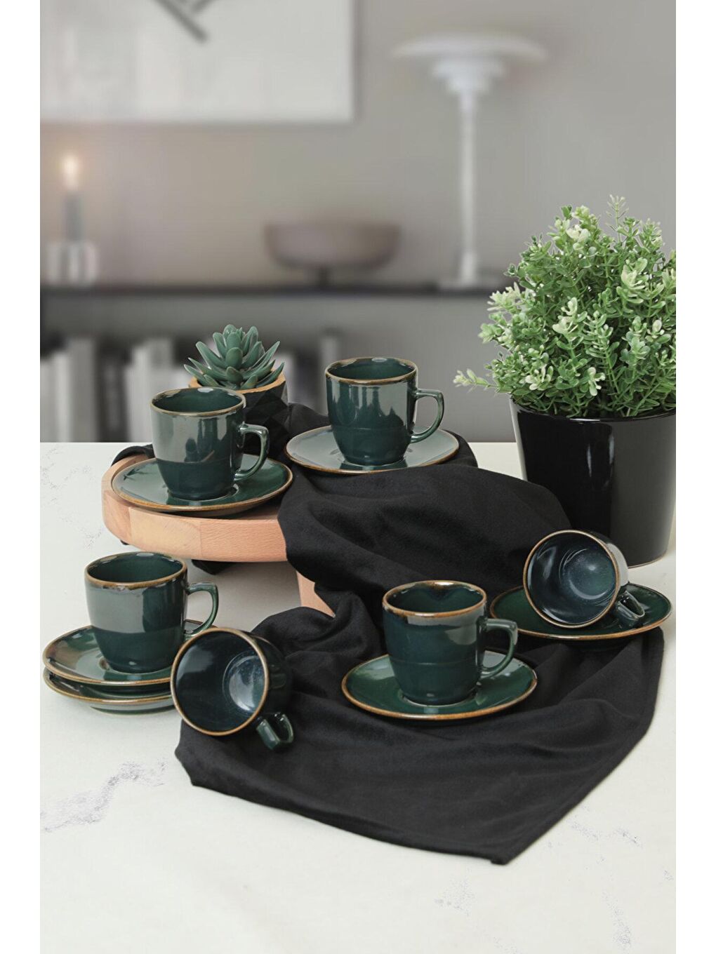 Yeşil Zümrüt Kahve Takımı 12 Parça 6 Kişilik