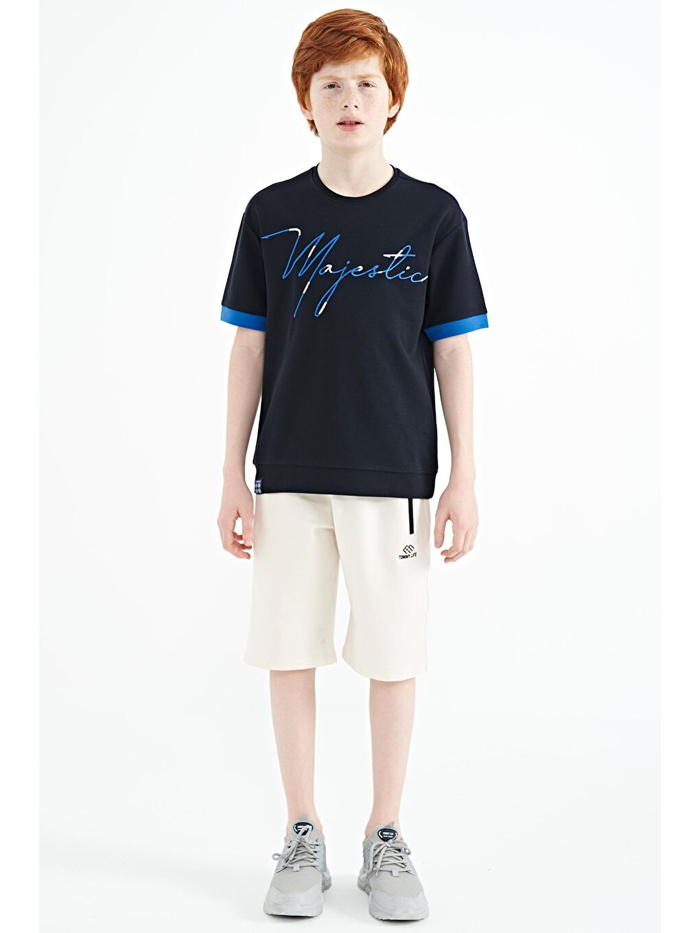 TOMMYLIFE Lacivert Ön Yazı Nakışlı O Yaka Oversize Erkek Çocuk T-Shirt - 11147 - 2