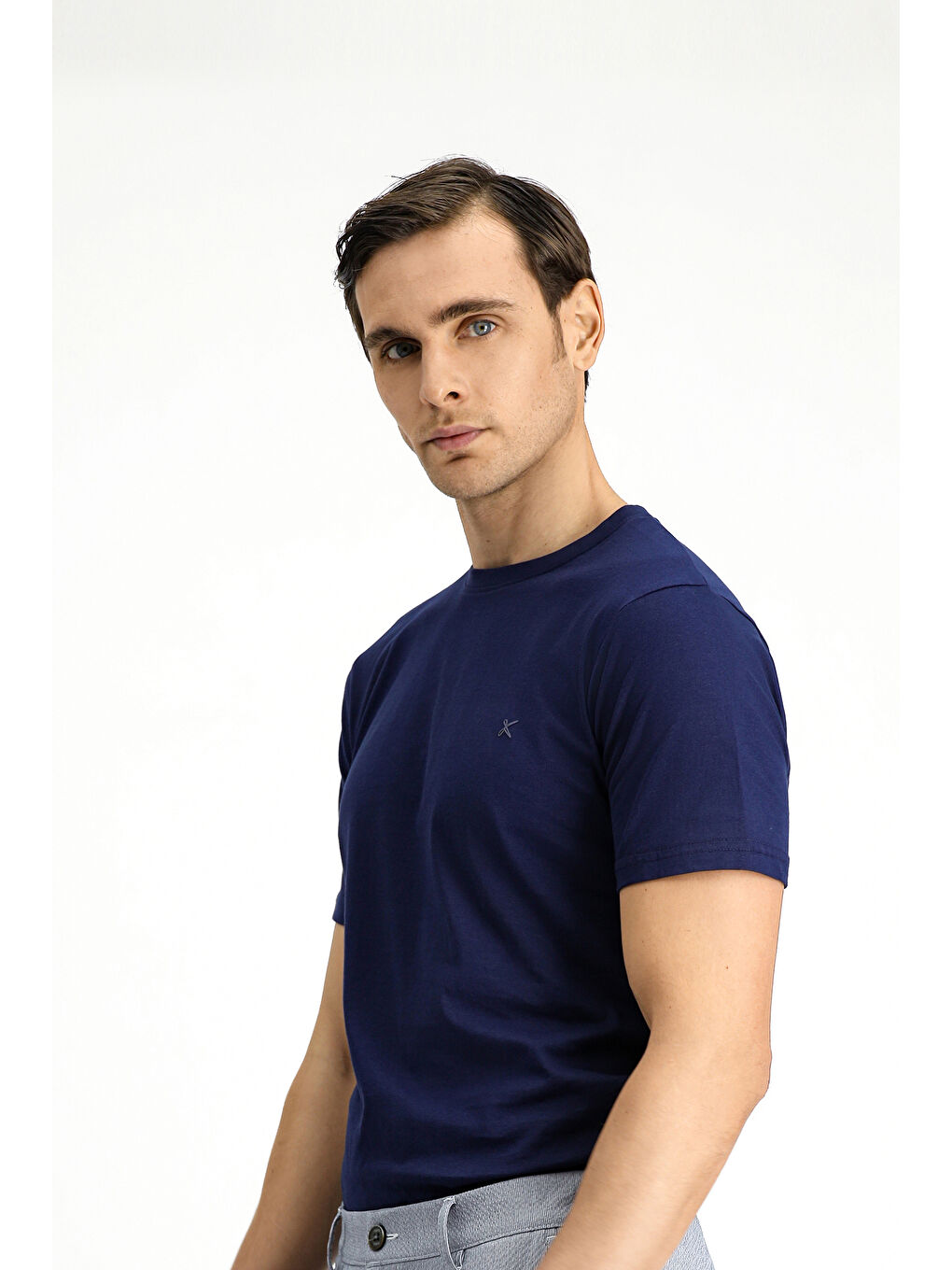 Lacivert Bisiklet Yaka Slim Fit Dar Kesim Pamuk Tişört-2