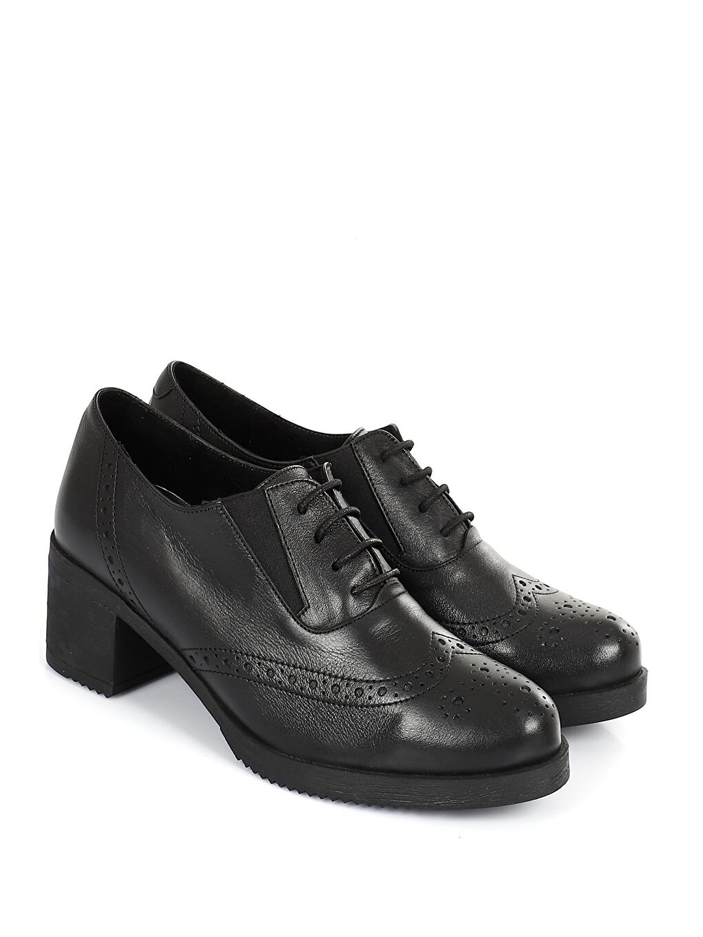 Siyah SİYAH  Hakiki Deri Yuvarlak Burun Orta Topuklu Kauçuk Taban Bağcıklı Kadın Ayakkabı 24231-1