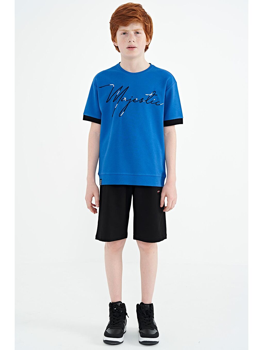 TOMMYLIFE Saks Ön Yazı Nakışlı O Yaka Oversize Erkek Çocuk T-Shirt - 11147