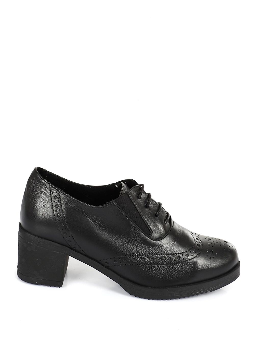 Siyah SİYAH  Hakiki Deri Yuvarlak Burun Orta Topuklu Kauçuk Taban Bağcıklı Kadın Ayakkabı 24231-3