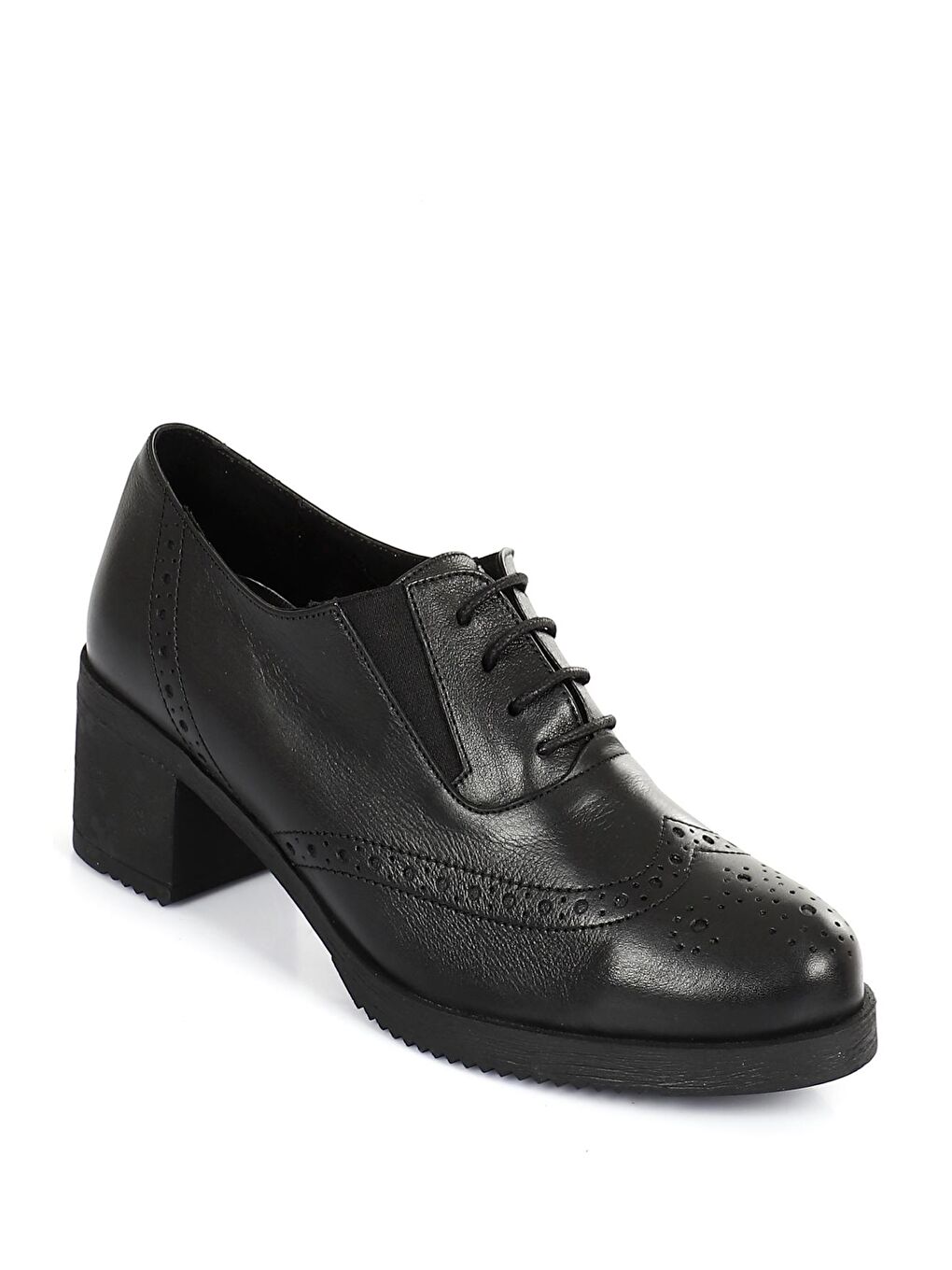 Siyah SİYAH  Hakiki Deri Yuvarlak Burun Orta Topuklu Kauçuk Taban Bağcıklı Kadın Ayakkabı 24231-4