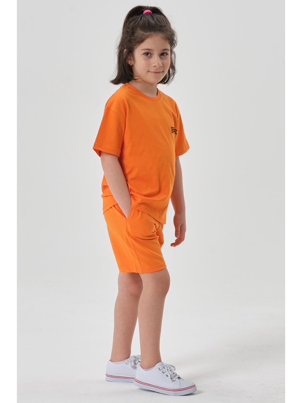Turuncu Kız Çocuk Alt Üst Bisiklet Yaka Şort Takım-1