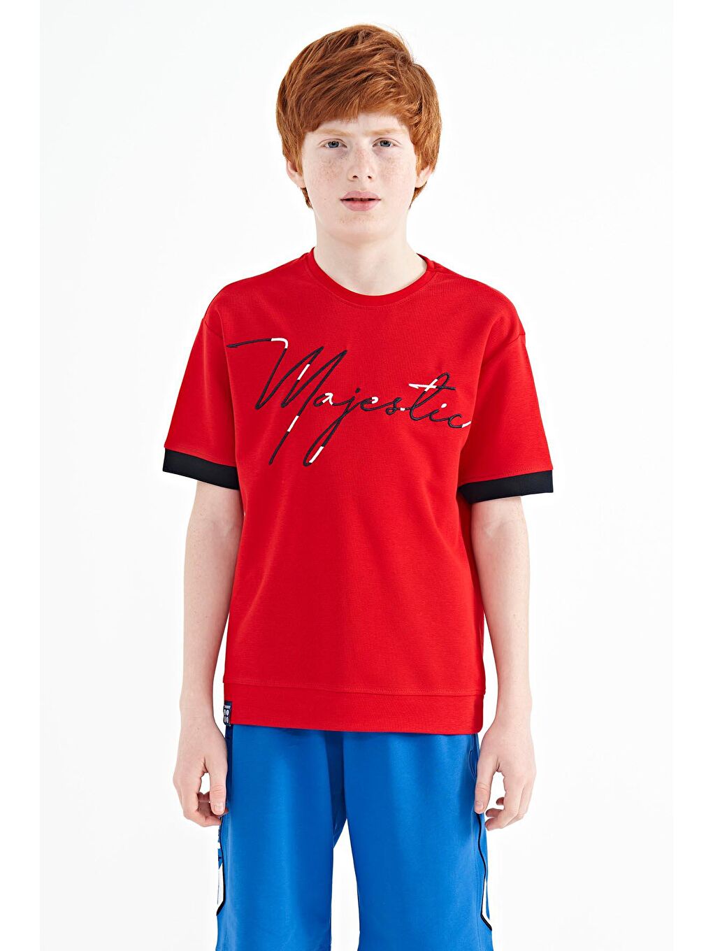 TOMMYLIFE Kırmızı Ön Yazı Nakışlı O Yaka Oversize Erkek Çocuk T-Shirt - 11147