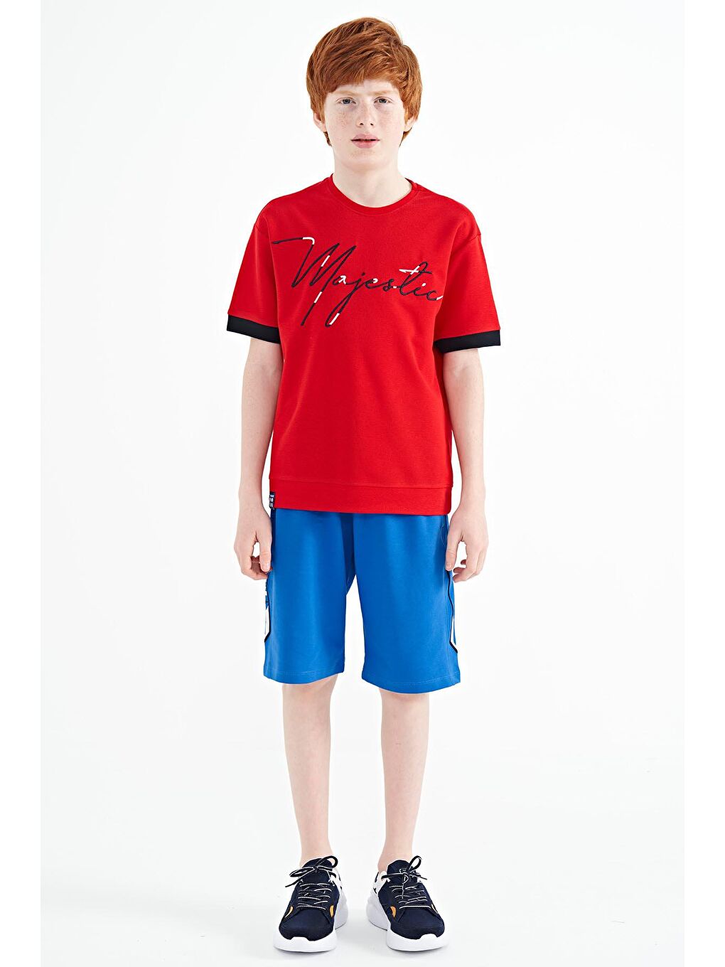 TOMMYLIFE Kırmızı Ön Yazı Nakışlı O Yaka Oversize Erkek Çocuk T-Shirt - 11147 - 1