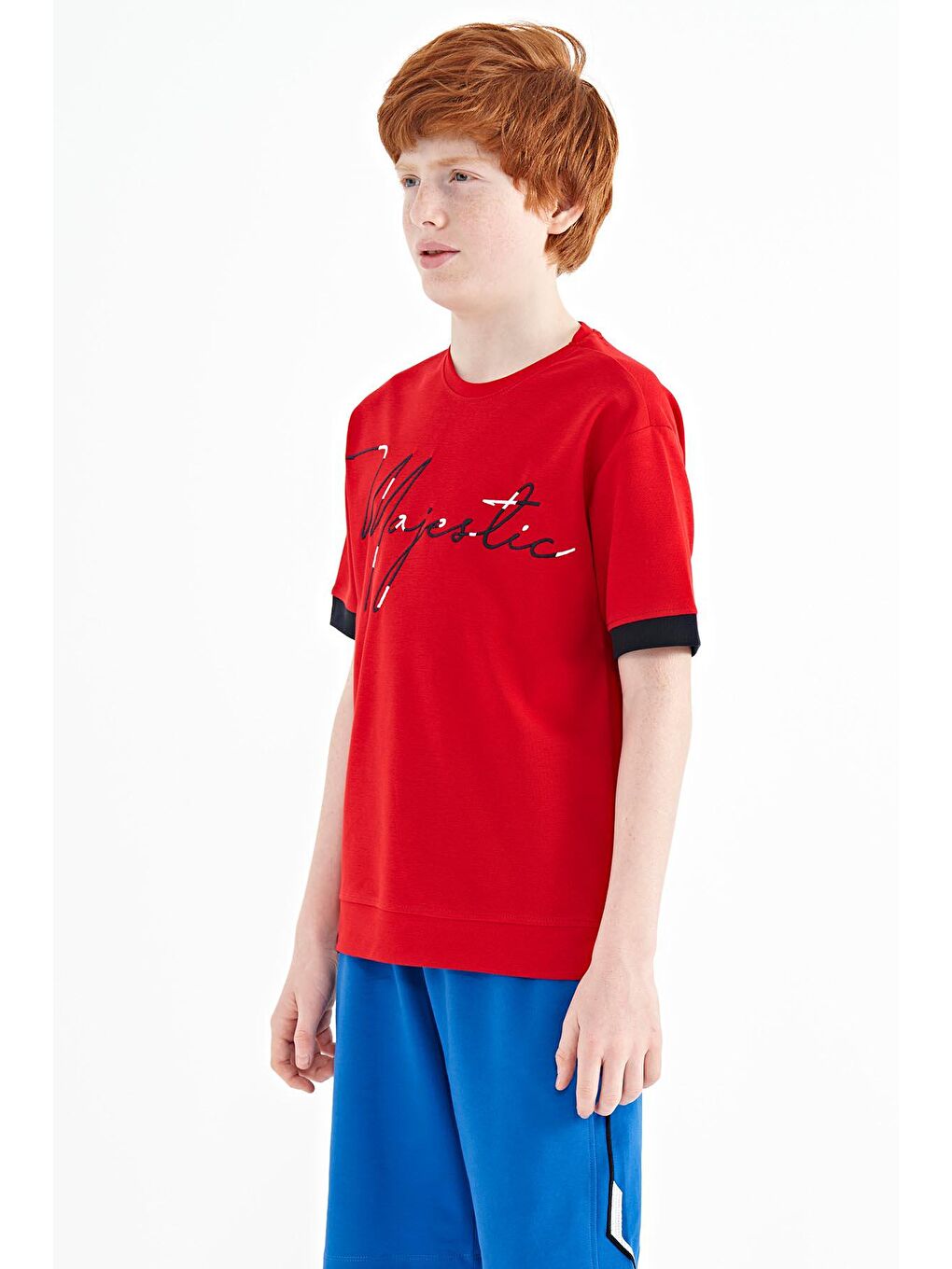 TOMMYLIFE Kırmızı Ön Yazı Nakışlı O Yaka Oversize Erkek Çocuk T-Shirt - 11147 - 2