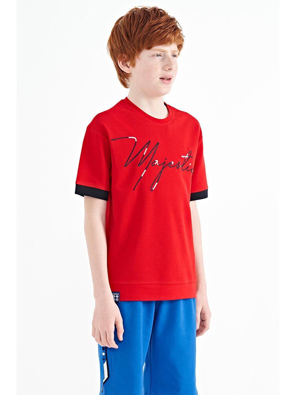 TOMMYLIFE Kırmızı Ön Yazı Nakışlı O Yaka Oversize Erkek Çocuk T-Shirt - 11147 - 4