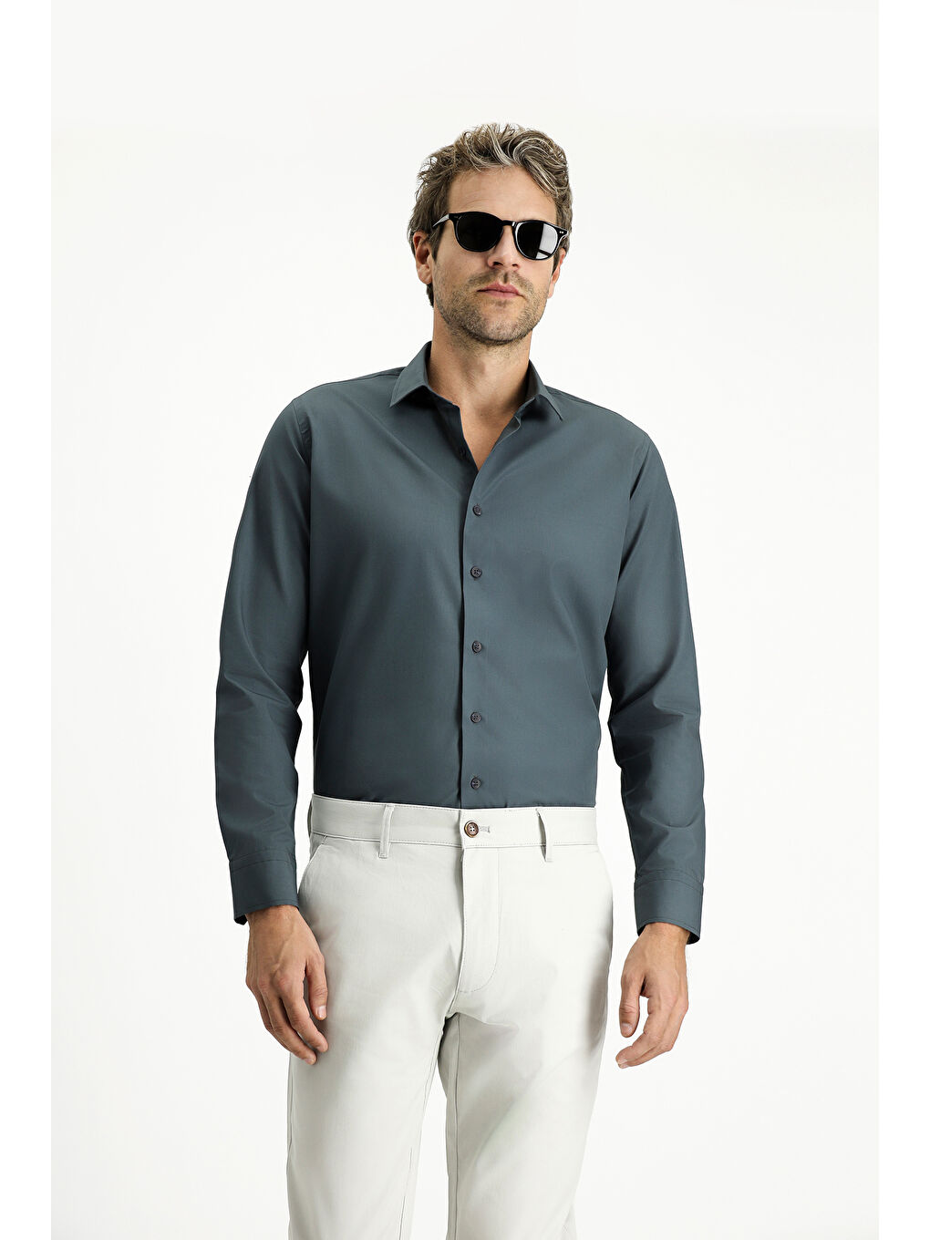 Antrasit Uzun Kol Slim Fit Dar Kesim Pamuk Klasik %100 Pamuk Gömlek