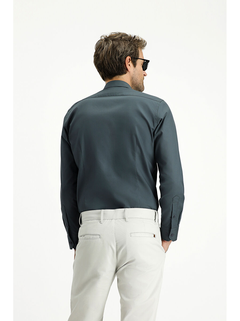 Antrasit Uzun Kol Slim Fit Dar Kesim Pamuk Klasik %100 Pamuk Gömlek-3