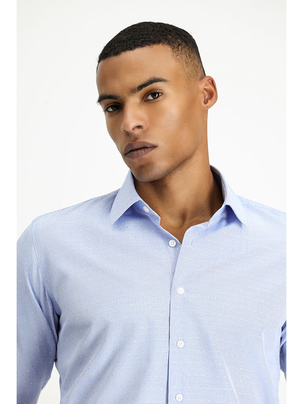 Mavi Uzun Kol Slim Fit Dar Kesim Desenli Klasik Pamuklu Kolay Ütülenebilir Gömlek-3