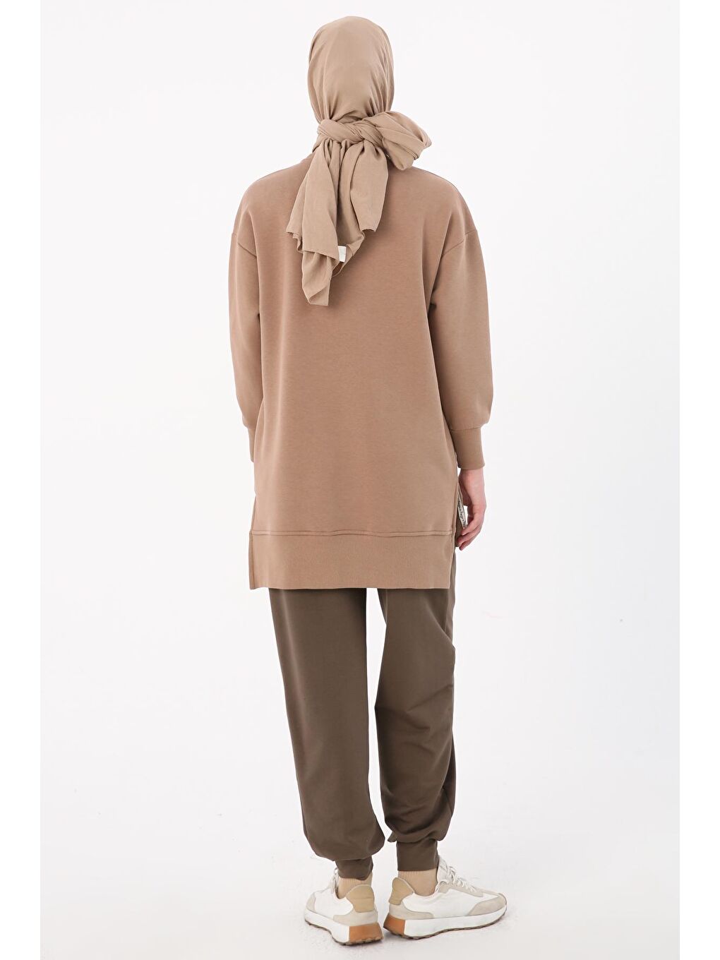 Bej Vizon Baskılı Yanları Yırtmaçlı Şardonlu Sweat Tunik-3