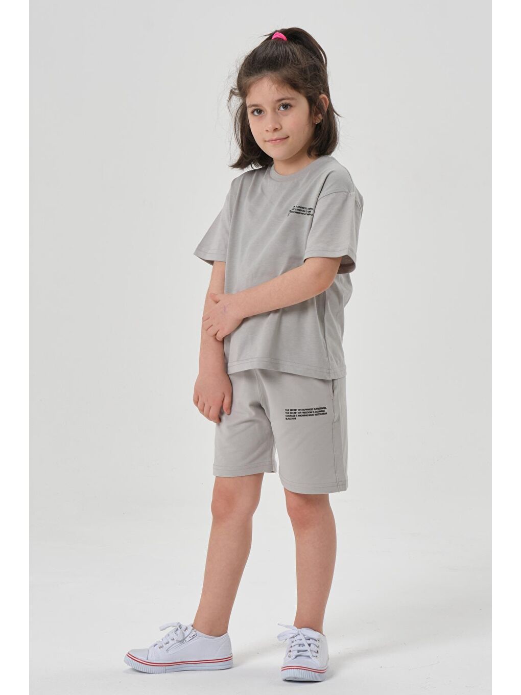 Gri Kız Çocuk Alt Üst Bisiklet Yaka Şort Takım-1