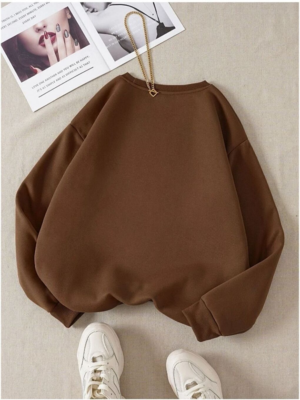 Kadın Kahverengi Düz Bisiklet Yaka Sweatshirt-1