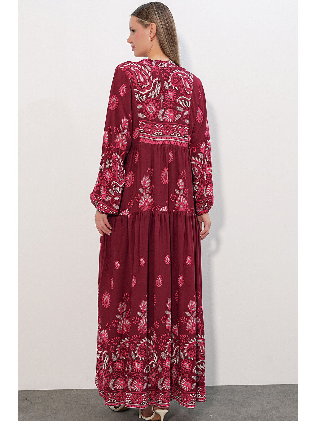 Kadın Desenli Uzun Tesettür Elbise 2585 - C. Bordo-5