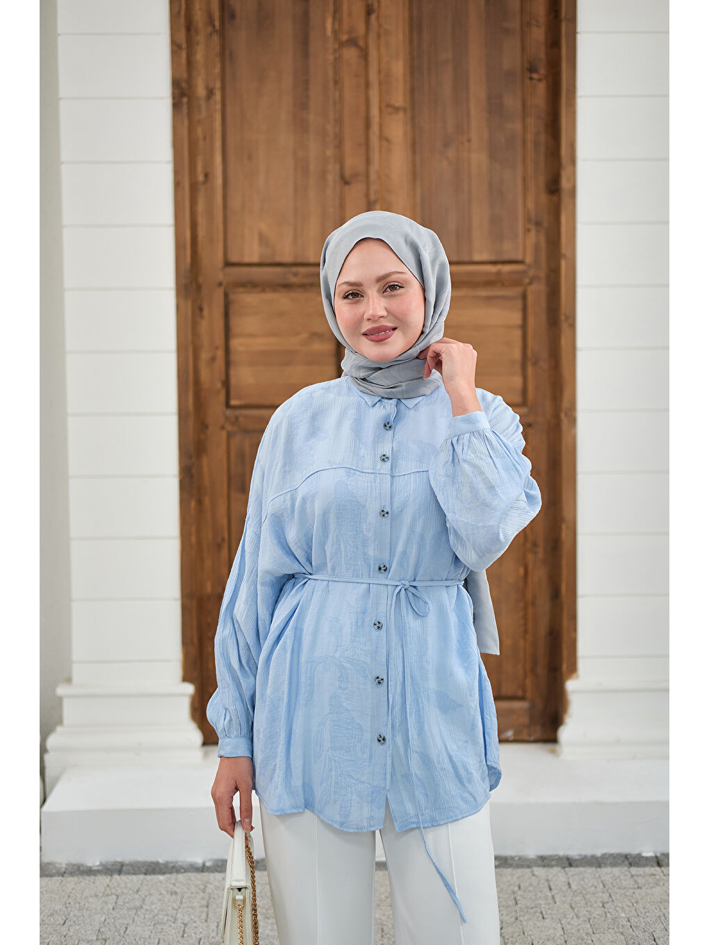 Kadın Yaprak Desen Bel Bağlamalı Gömlek Mavi-1