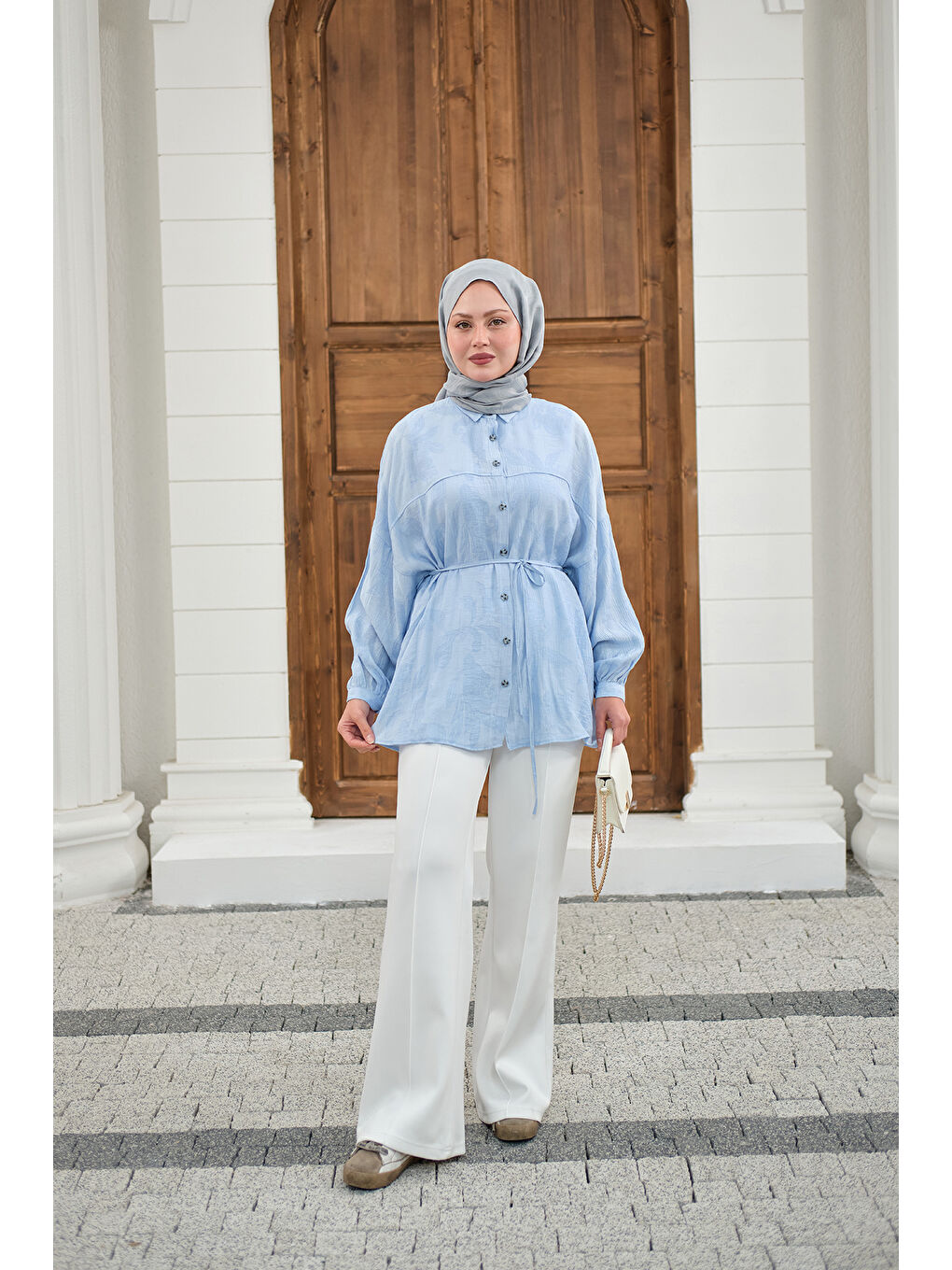 Kadın Yaprak Desen Bel Bağlamalı Gömlek Mavi-2