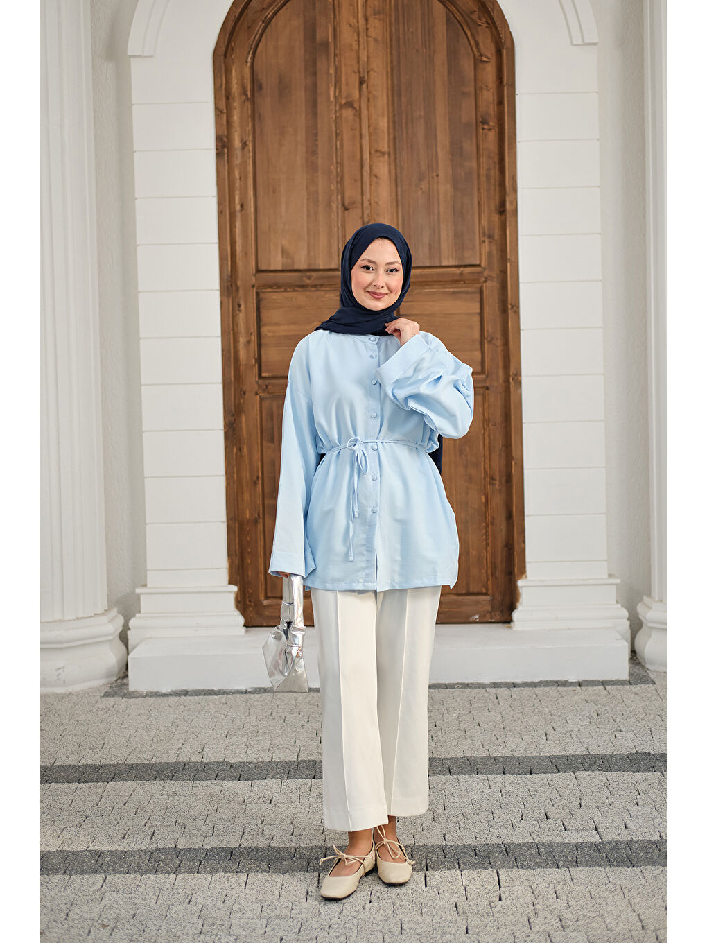 Kadın Duble Kol Yırtmaçlı Gömlek Açık Mavi-2