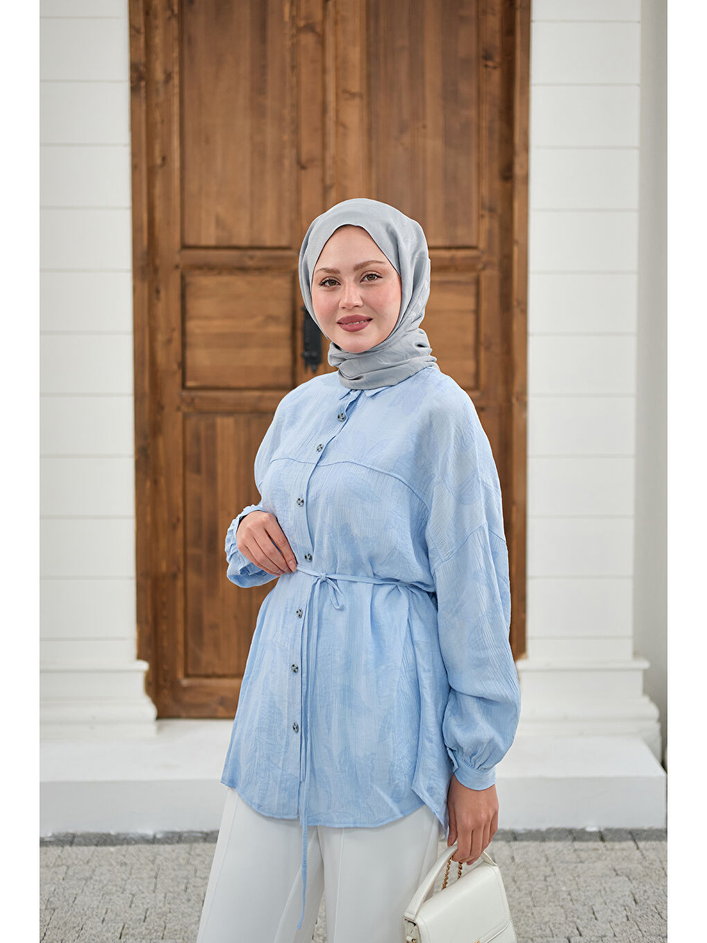 Kadın Yaprak Desen Bel Bağlamalı Gömlek Mavi-3