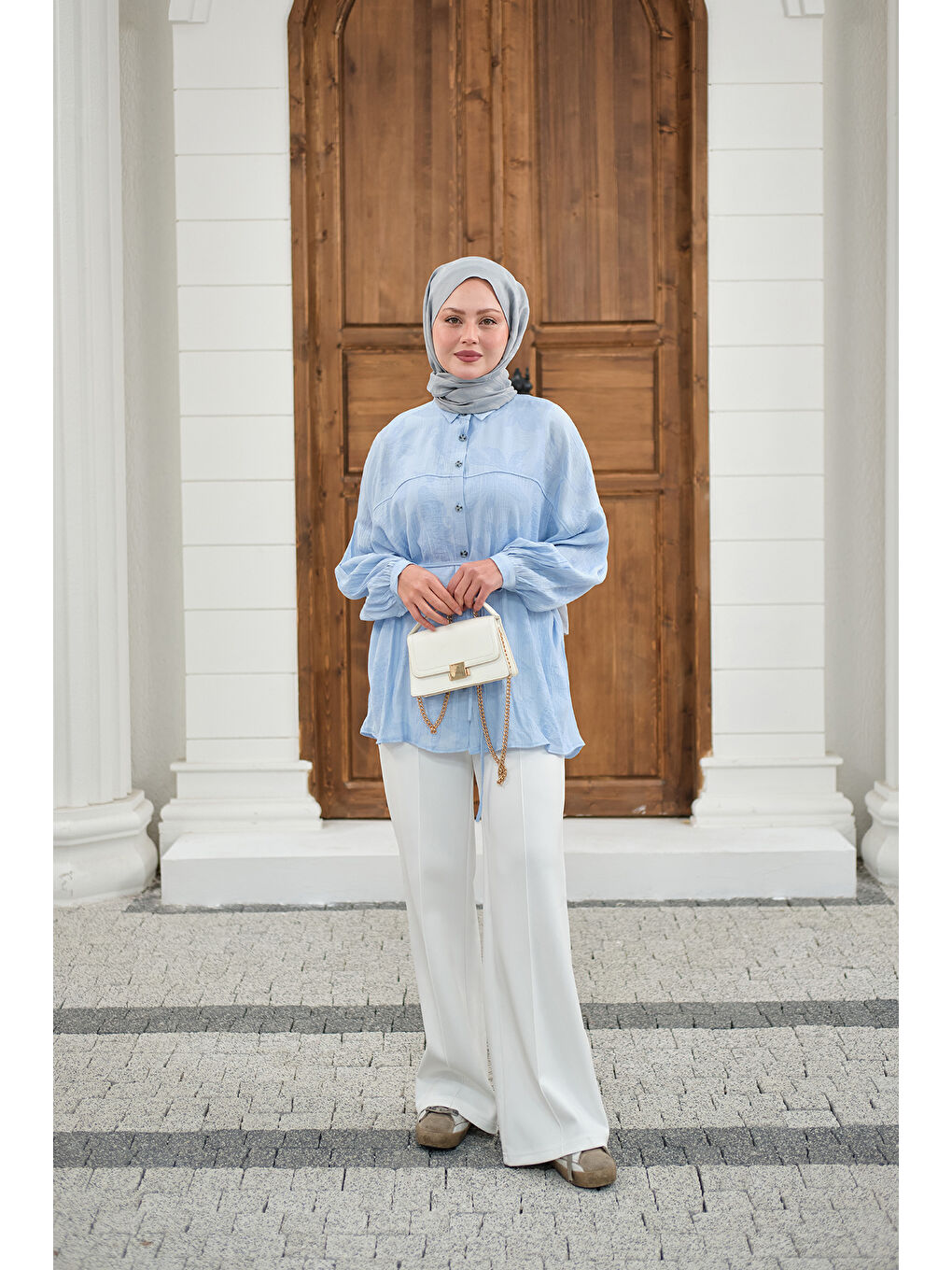 Kadın Yaprak Desen Bel Bağlamalı Gömlek Mavi-4