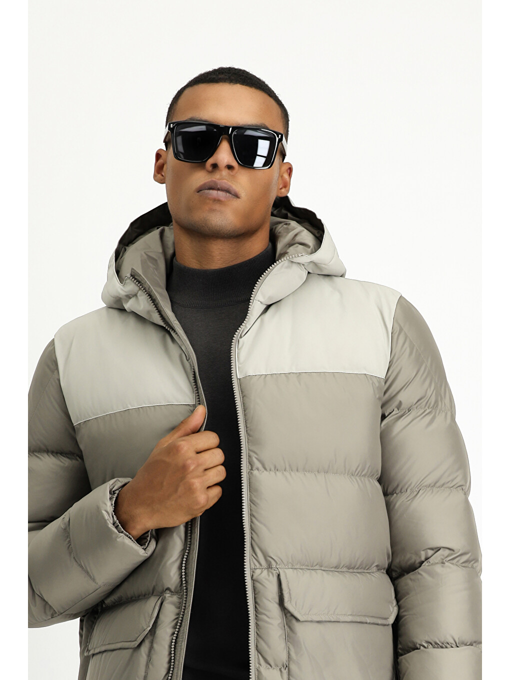 Bej Slim Fit Dar Kesim Kapüşonlu Spor Şişme Mont-3