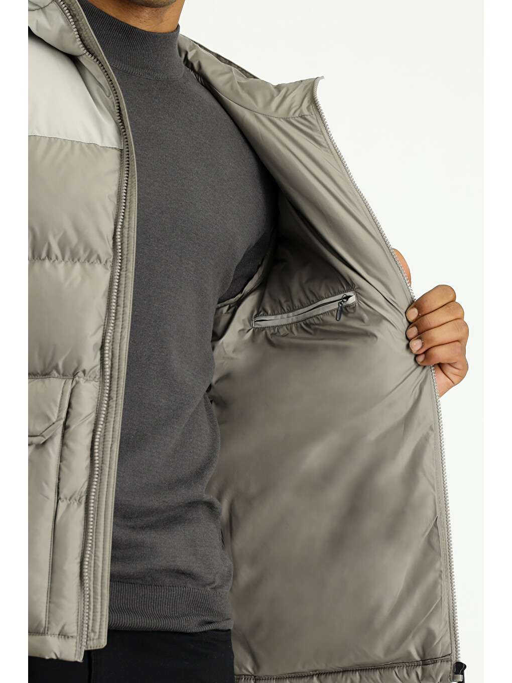 Bej Slim Fit Dar Kesim Kapüşonlu Spor Şişme Mont-5