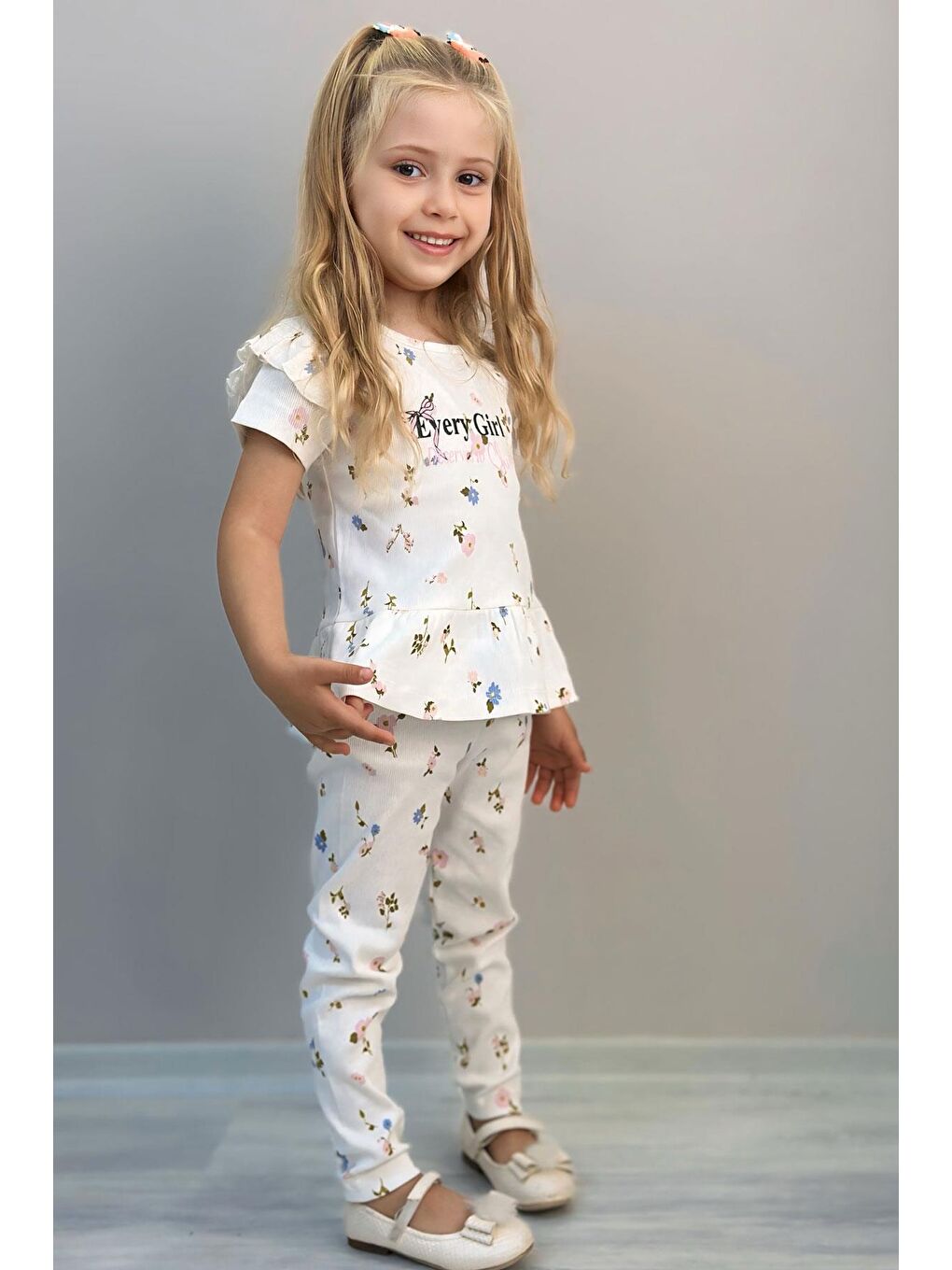 Kız Çocuk Taytlı Takım Çiçek Desenli Kolları Fırfır Detaylı Ekru (2-6 Yaş)-1