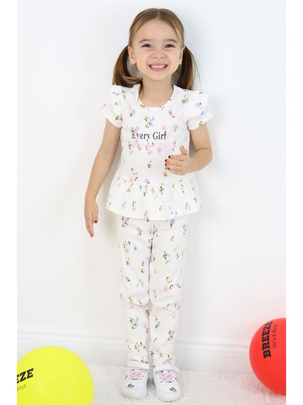 Kız Çocuk Taytlı Takım Çiçek Desenli Kolları Fırfır Detaylı Ekru (2-6 Yaş)-3