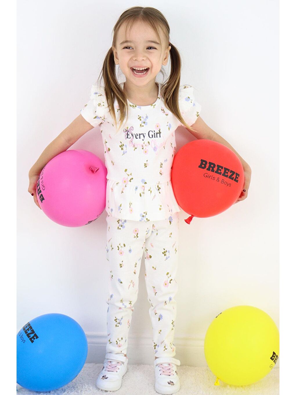 Kız Çocuk Taytlı Takım Çiçek Desenli Kolları Fırfır Detaylı Ekru (2-6 Yaş)-4