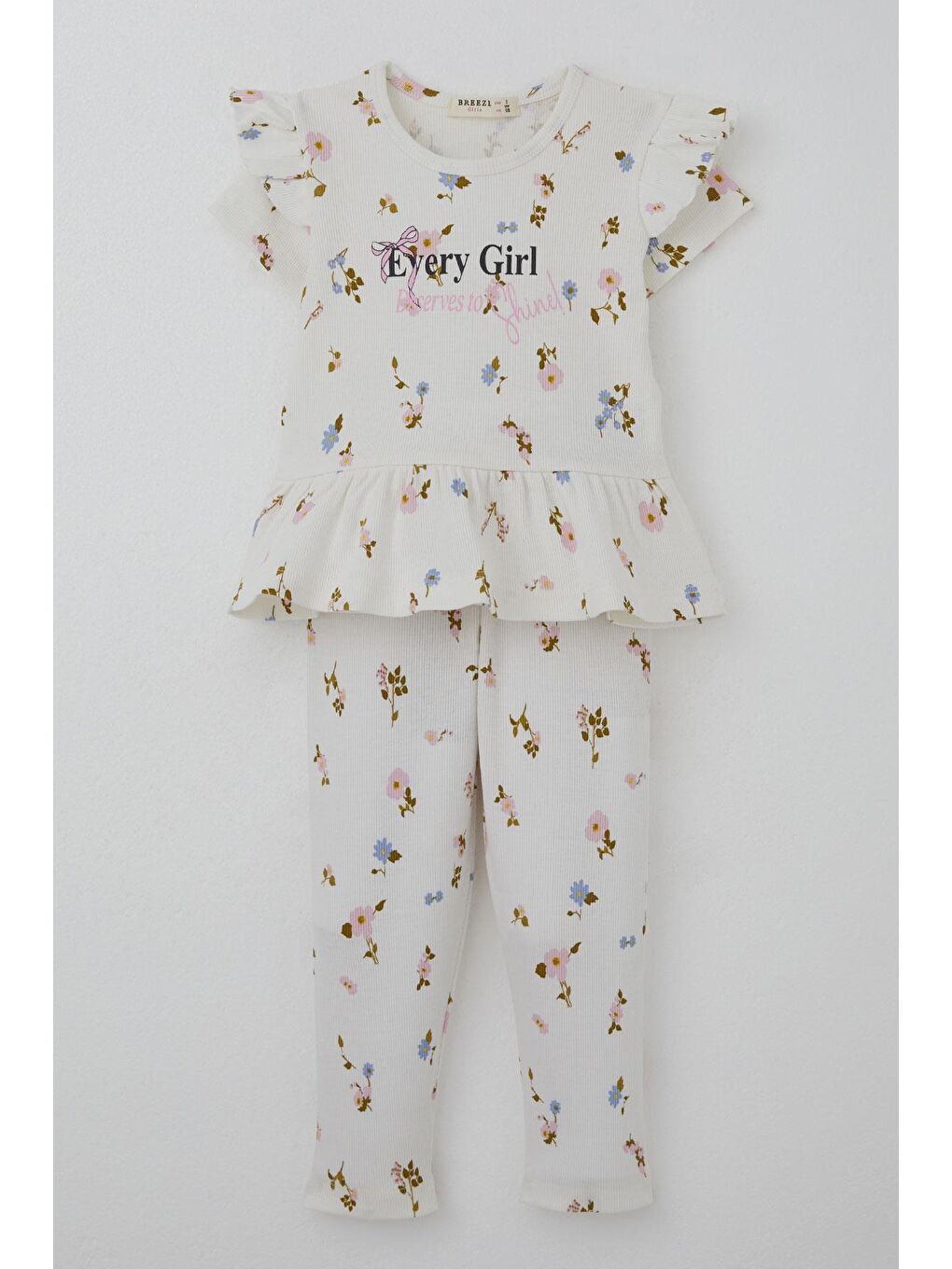 Kız Çocuk Taytlı Takım Çiçek Desenli Kolları Fırfır Detaylı Ekru (2-6 Yaş)-6