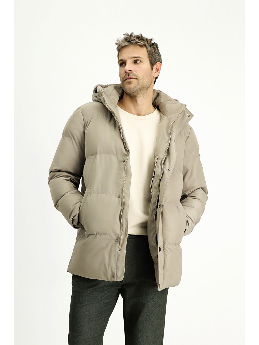 Bej Kapüşonlu Spor Şişme Mont-2