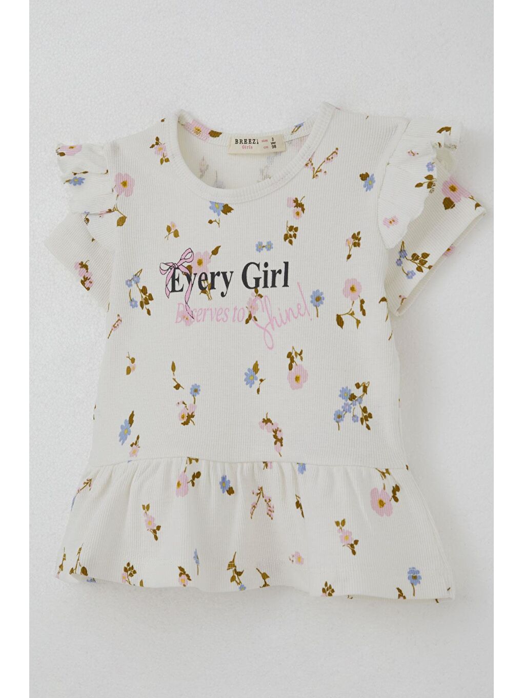 Kız Çocuk Taytlı Takım Çiçek Desenli Kolları Fırfır Detaylı Ekru (2-6 Yaş)-11