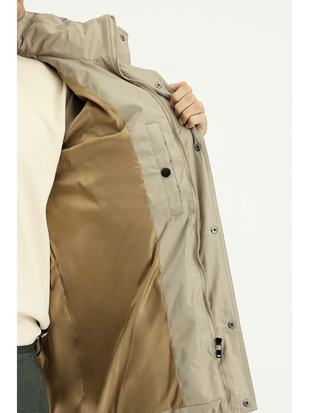 Bej Kapüşonlu Spor Şişme Mont-6