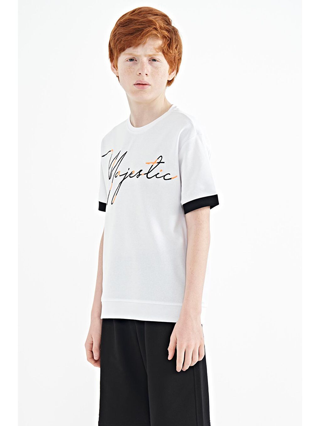 TOMMYLIFE Beyaz Ön Yazı Nakışlı O Yaka Oversize Erkek Çocuk T-Shirt - 11147 - 3