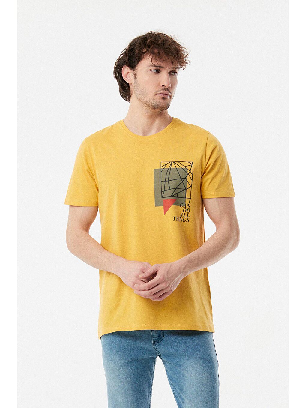 Sarı Baskılı Bisiklet Yaka Tişört-1